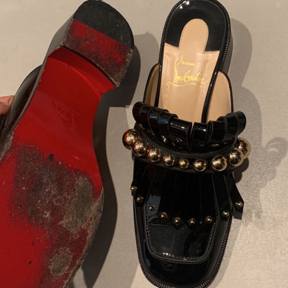 Christian-Louboutin Octavian Studded Fringed Patent Leather Mules